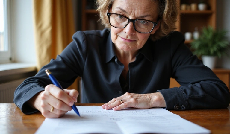 Seniorin liest einen Vertrag